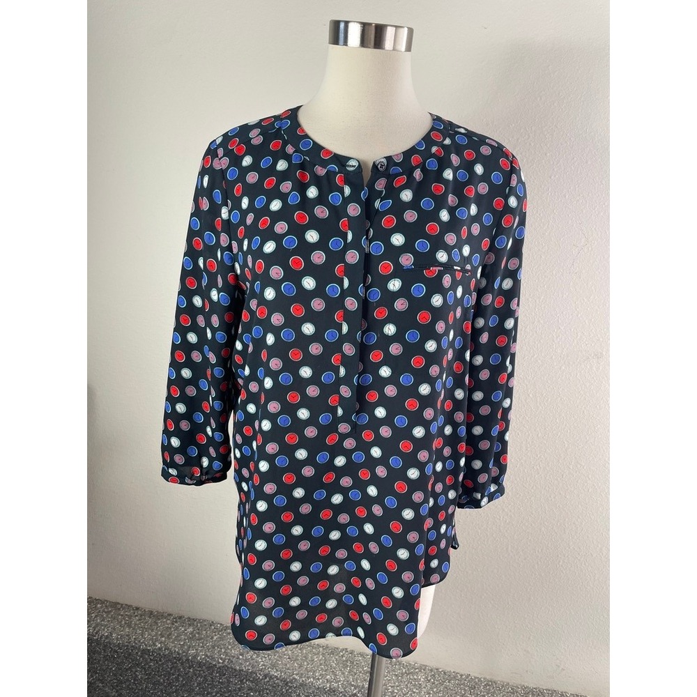 NYDJ Womens Medium Clock Print Henley Blouse Black Blue Red Pleated Back Top